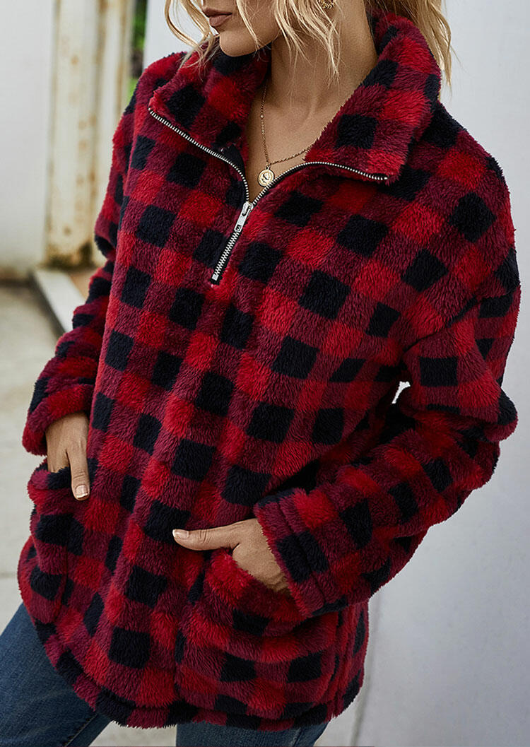 

Sweatshirts Buffalo Plaid Pocket Zipper Collar Pullover Warm Sweatshirt in Red. Size