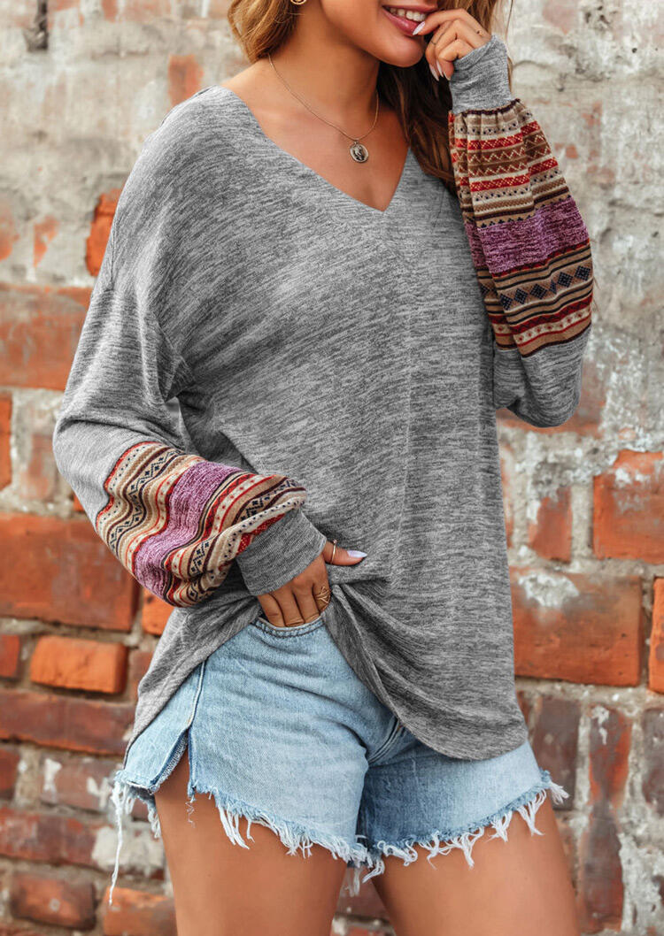 

Geometric Ethnic Splicing Elastic Cuff V-Neck Blouse - Gray, 483462