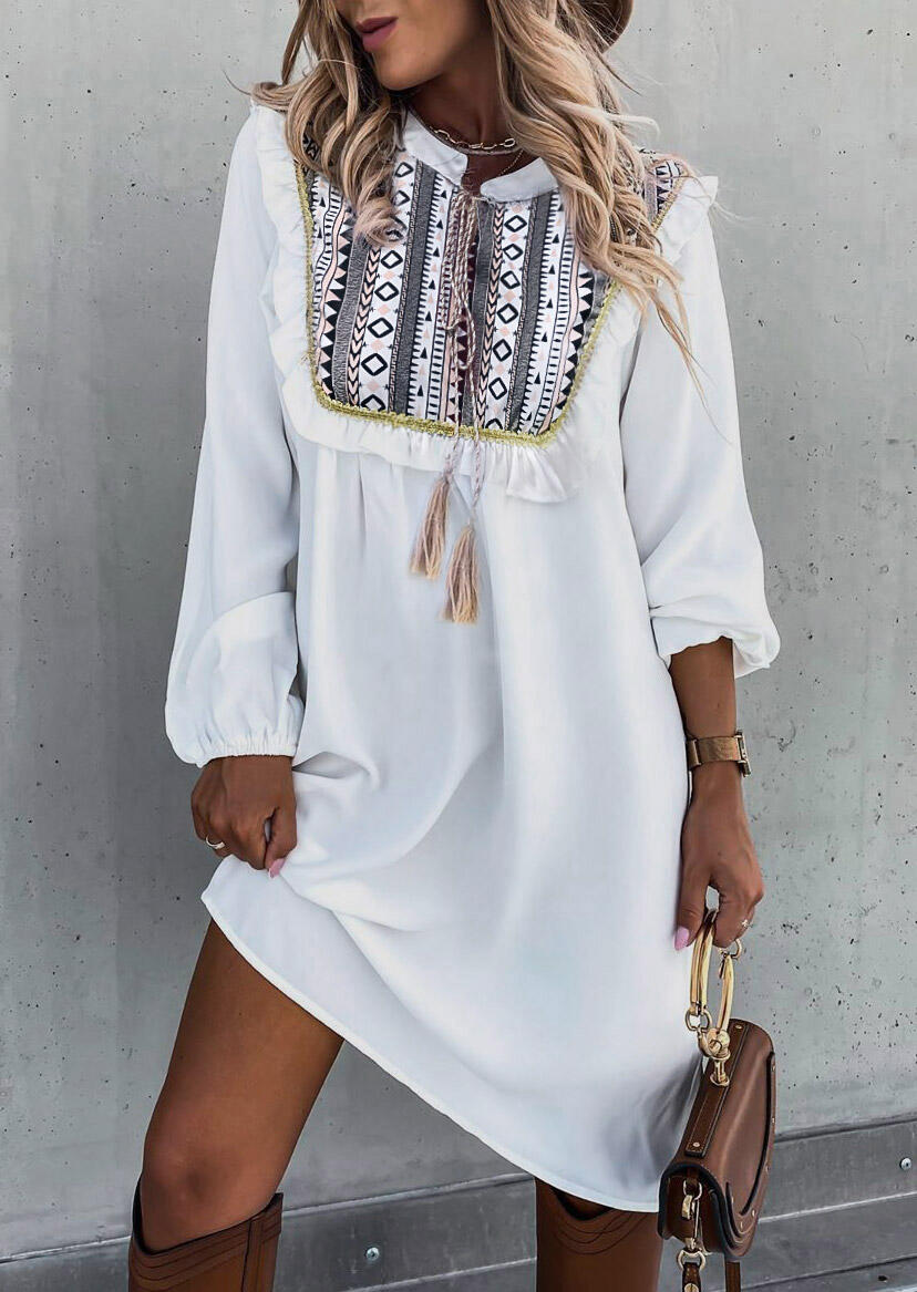 Aztec Geometric Ruffled Tassel Drawstring Casual Dress - White