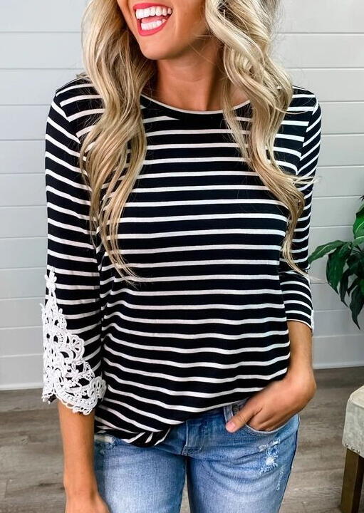 

Striped Lace Splicing O-Neck Blouse, Stripe, 484140