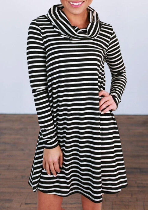 

Striped Splicing Cowl Neck Loose Mini Dress, Stripe, 484170