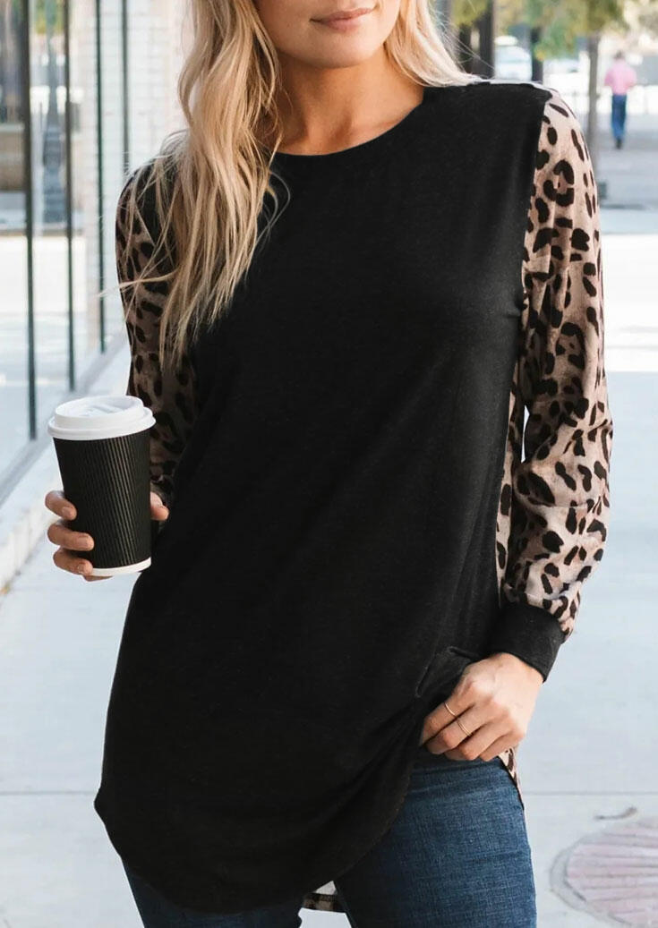 

Leopard Splicing Ruffled Long Sleeve Blouse, 484190