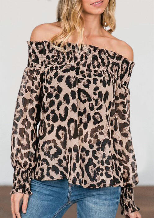 

Blouses Leopard Ruffled Off Shoulder Elastic Cuff Asymmetric Blouse in Leopard. Size
