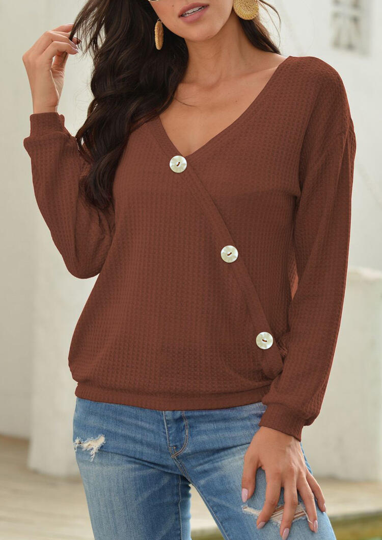 

Blouses Button V-Neck Long Sleeve Knitted Blouse in Brown. Size