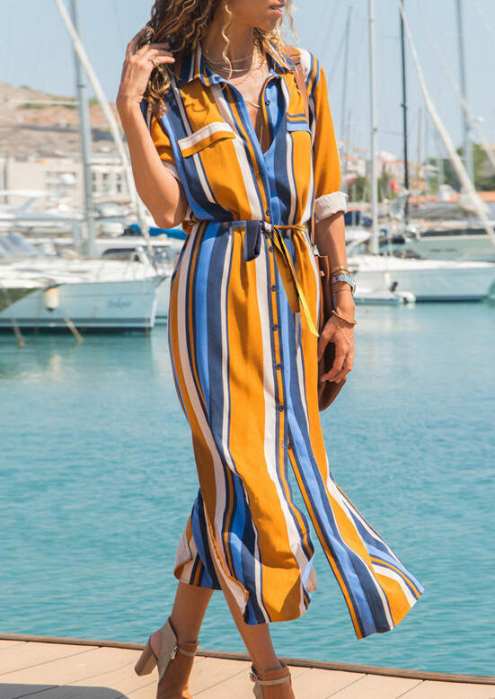 

Maxi Dresses Colorful Striped Button Slit Maxi Dress in Stripe. Size