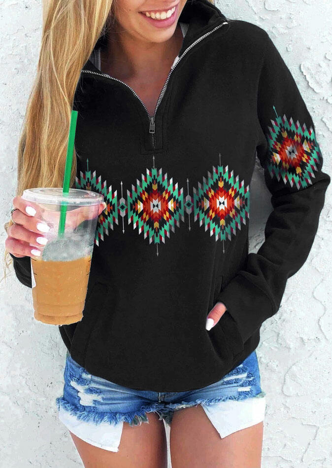 

Aztec Geometric Western Cowgirl Zipper Collar Sweatshirt - Black, 484370