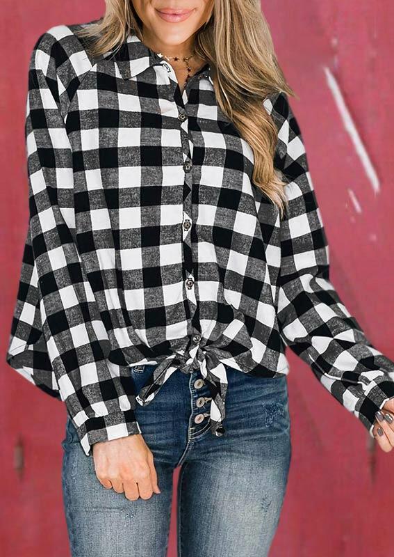 

Plaid Tie Button Long Sleeve Asymmetric Loose Shirt, 484165