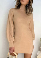 Lantern Sleeve Turtleneck Knitted Sweater Mini Dress