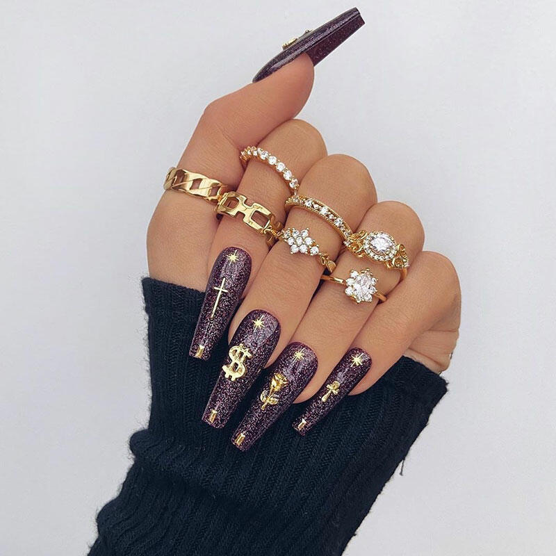 

7Pcs Hollow Out Rhinestone Flower Ring Set, Gold, 484483