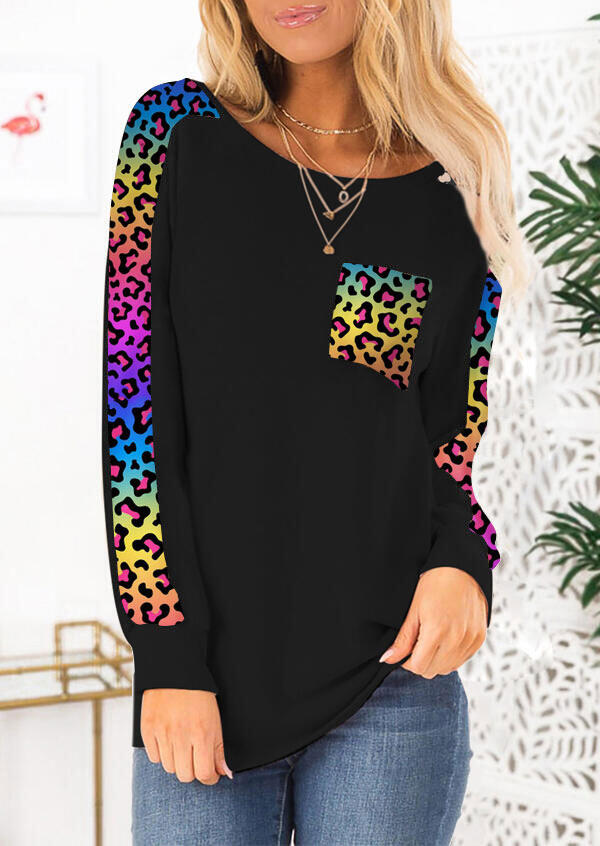 

Colorful Leopard Gradient Splicing Pocket Blouse - Black, 484583