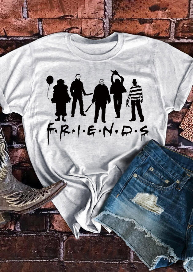 

Tees T-shirts Halloween Friends Characters Balloon O-Neck T-Shirt Tee in Light Grey. Size
