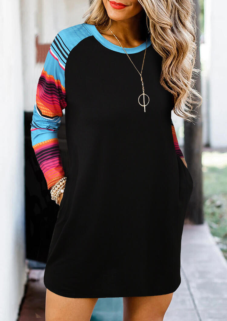 

Serape Striped Splicing Pocket Mini Dress - Black, 484164
