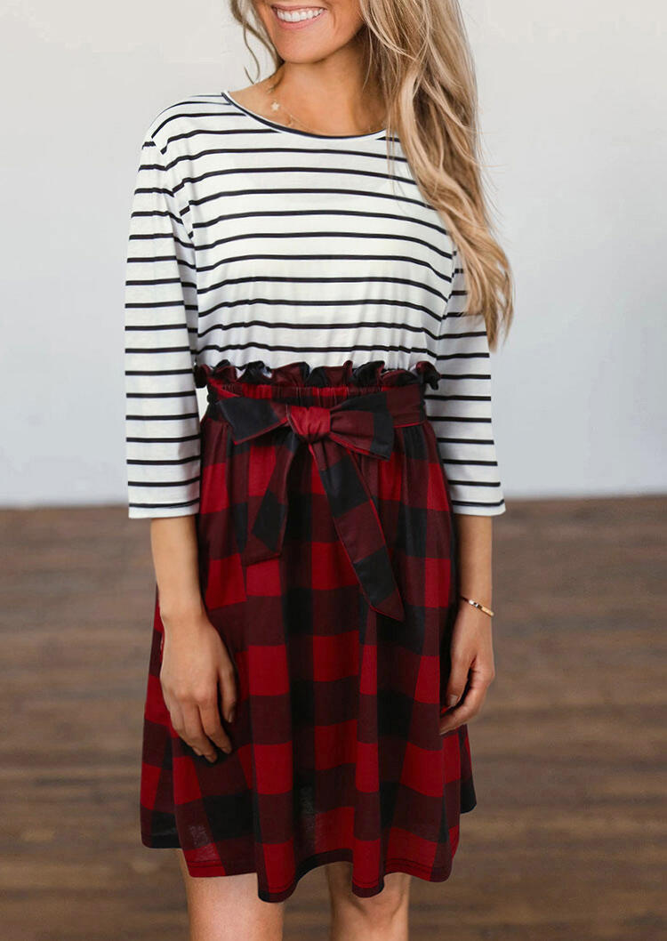 

Striped Buffalo Plaid Splicing Ruffled Mini Dress, Multicolor, 484314