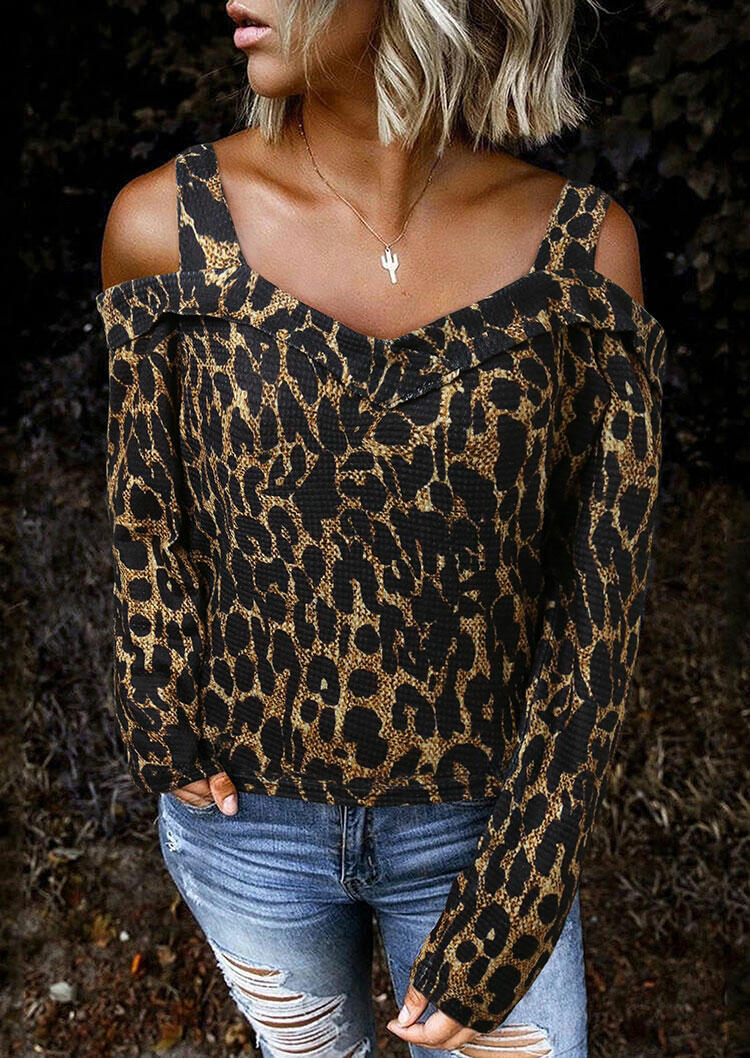

Blouses Leopard Cold Shoulder Long Sleeve Blouse in Leopard. Size