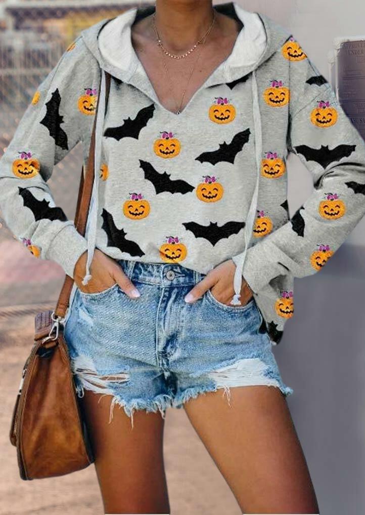 

Halloween Pumpkin Face Bat Drawstring Hoodie - Gray, 484323