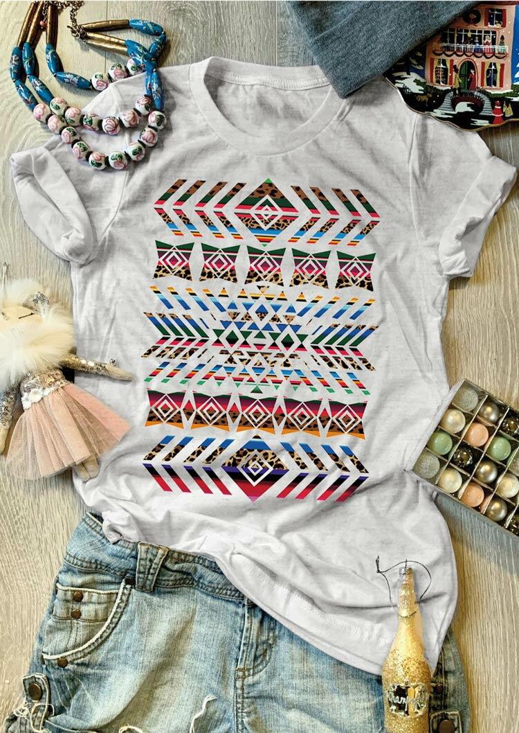 

Aztec Geometric Serape Striped Leopard T-Shirt Tee - Light Grey, 484326