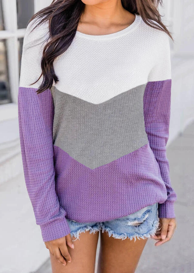 

Color Block Long Sleeve Knitted Sweater - Purple, 484345