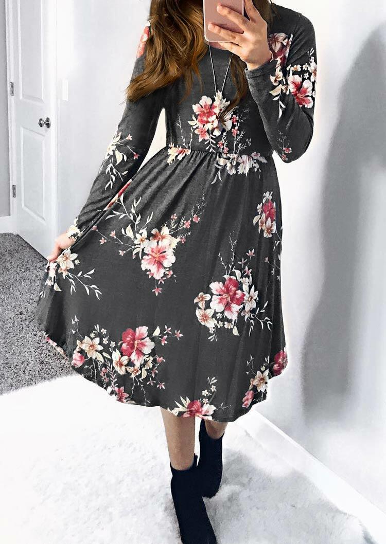 

Floral Ruffled Long Sleeve Casual Dress - Gray, 484430