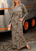 Leopard Ruffled Pocket Long Sleeve Maxi Dress