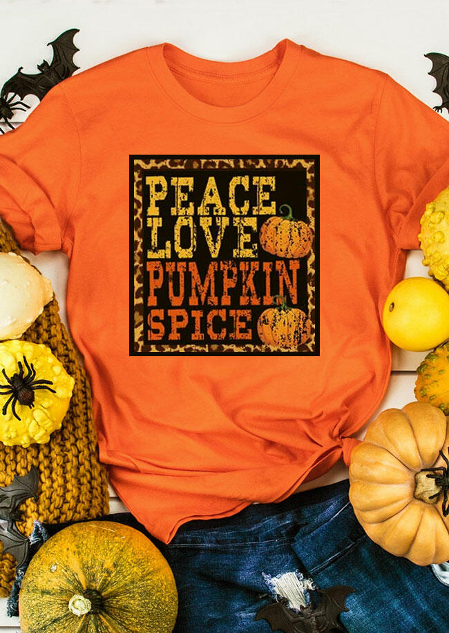 

T-shirts Tees Peace Love Pumpkin Spice Leopard Splicing T-Shirt Tee in Orange. Size: ,M