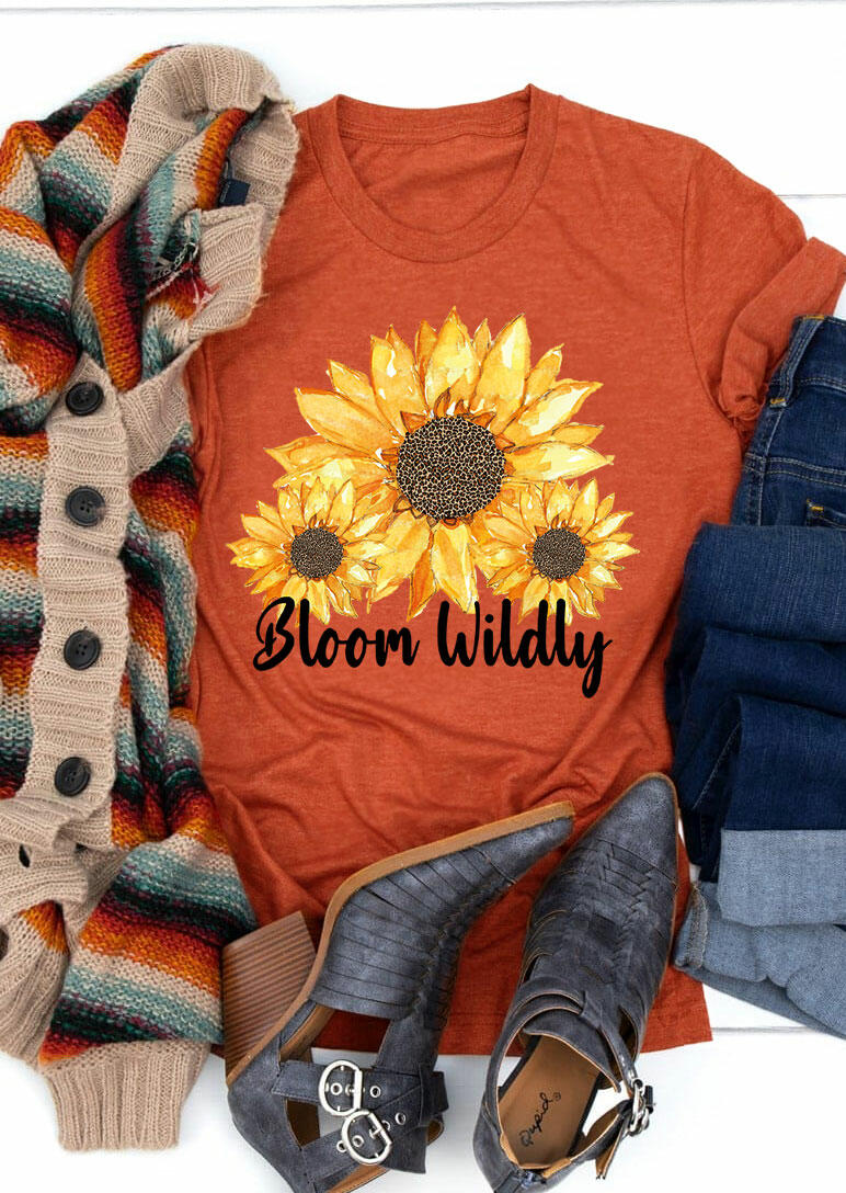 T-shirts Tees Bloom Wildly Leopard Sunflower O-Neck T-Shirt Tee in Orange. Size: S