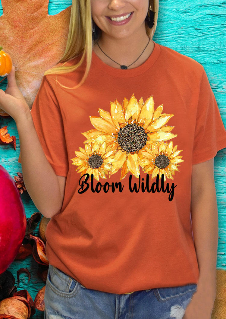 Bloom Wildly Leopard Sunflower O-Neck T-Shirt Tee - Orange