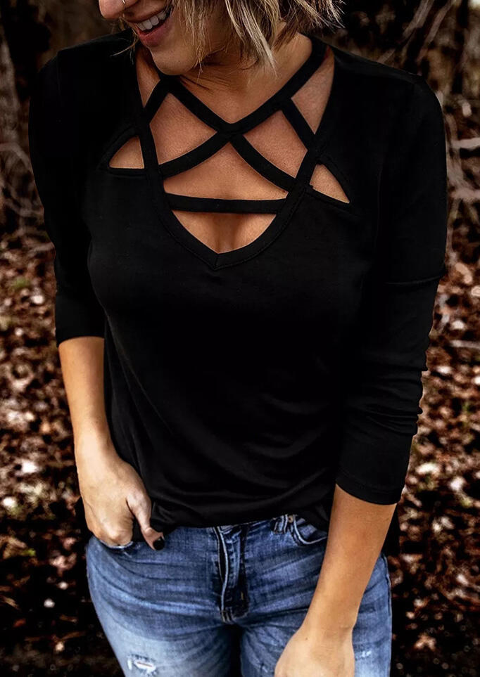 

Hollow Out Long Sleeve Blouse - Black, 484641