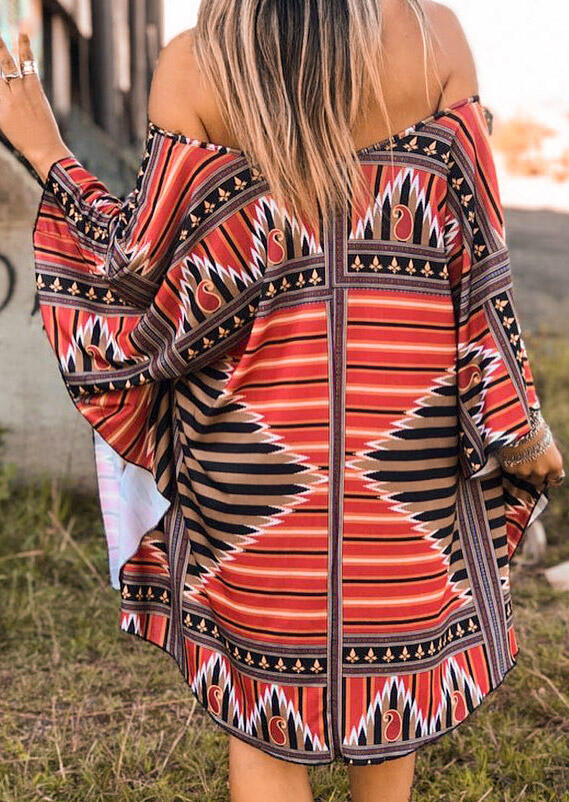 Aztec Geometric Off Shoulder Batwing Sleeve Mini Dress