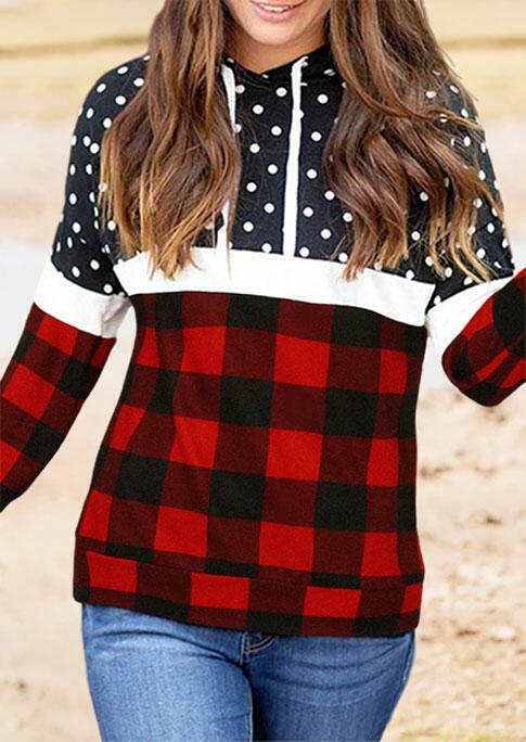 

Buffalo Plaid Polka Dot Splicing Drawstring Hoodie, Multicolor, 481213