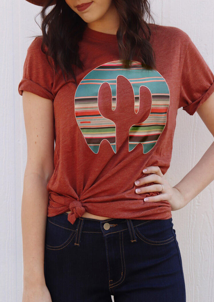 Cactus Serape Striped T-Shirt Tee - Brick Red