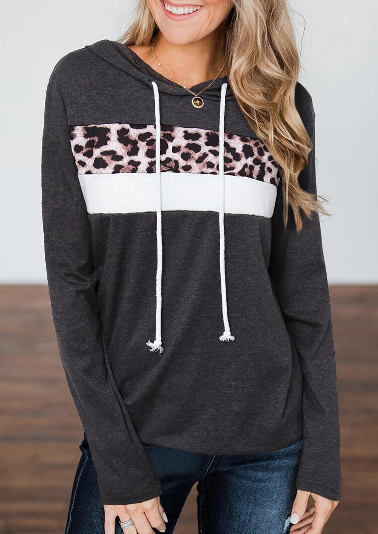 

Leopard Splicing Drawstring Pullover Hoodie - Dark Grey, 484173