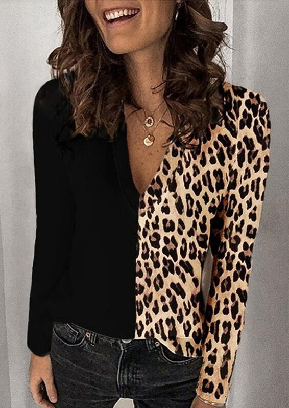 

Blouses Leopard Splicing V-Neck Long Sleeve Blouse in Leopard. Size