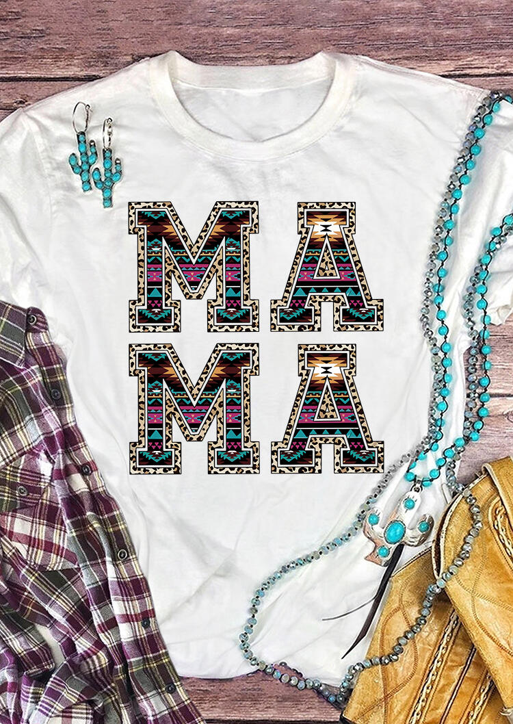 

Tees T-shirts Aztec Geometric Leopard Mama T-Shirt Tee in White. Size