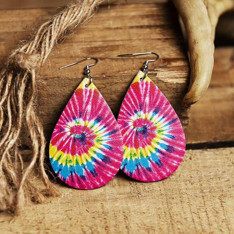 

Tie Dye Swirl Water Drop Leather Earrings, Green;peach red, 484422