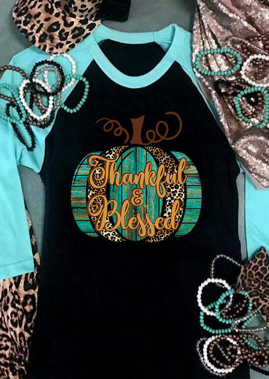 Leopard Pumpkin Thankful & Blessed T-Shirt Tee - Black