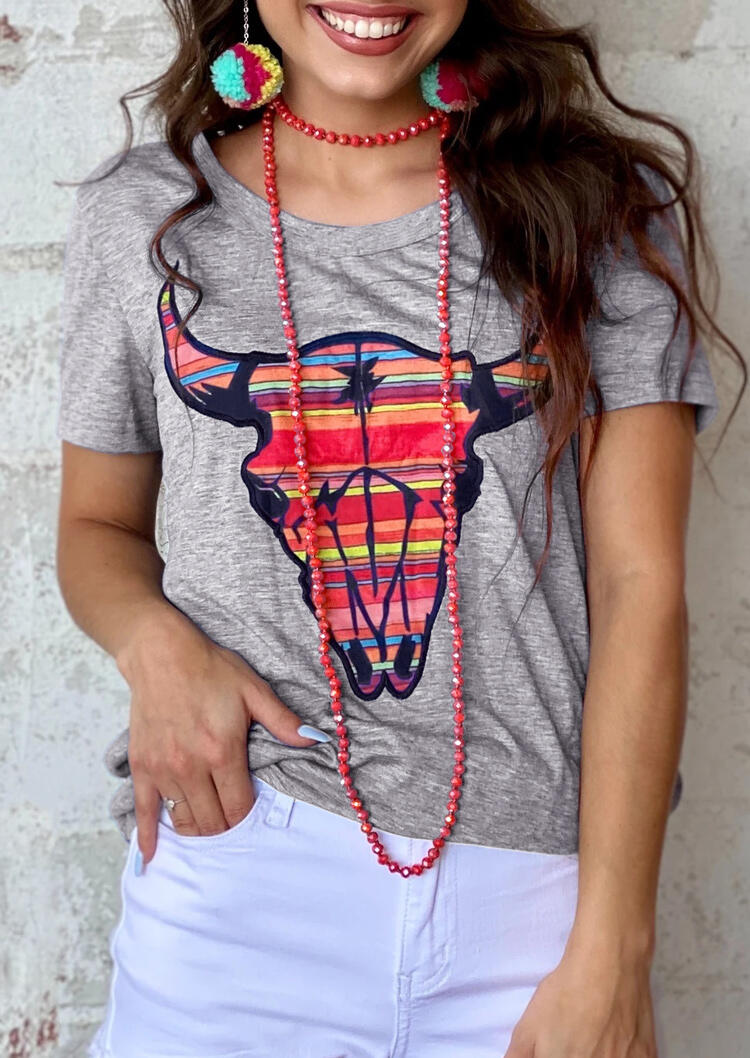 

Serape Striped Steer Skull O-Neck T-Shirt Tee - Gray, 484531