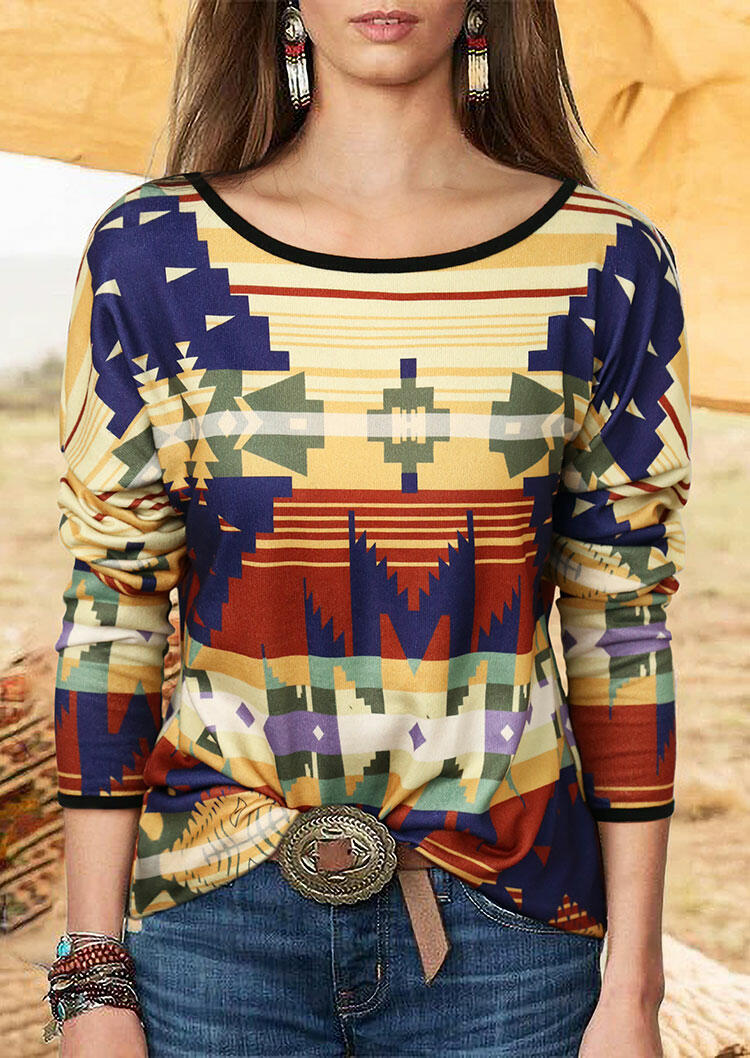 

Blouses Aztec Geometric Long Sleeve Blouse in Multicolor. Size