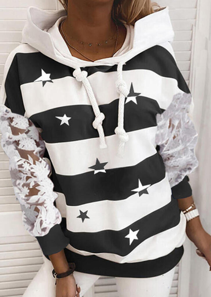 

Lace Splicing Striped Star Drawstring Pullover Hoodie, Stripe, 484606