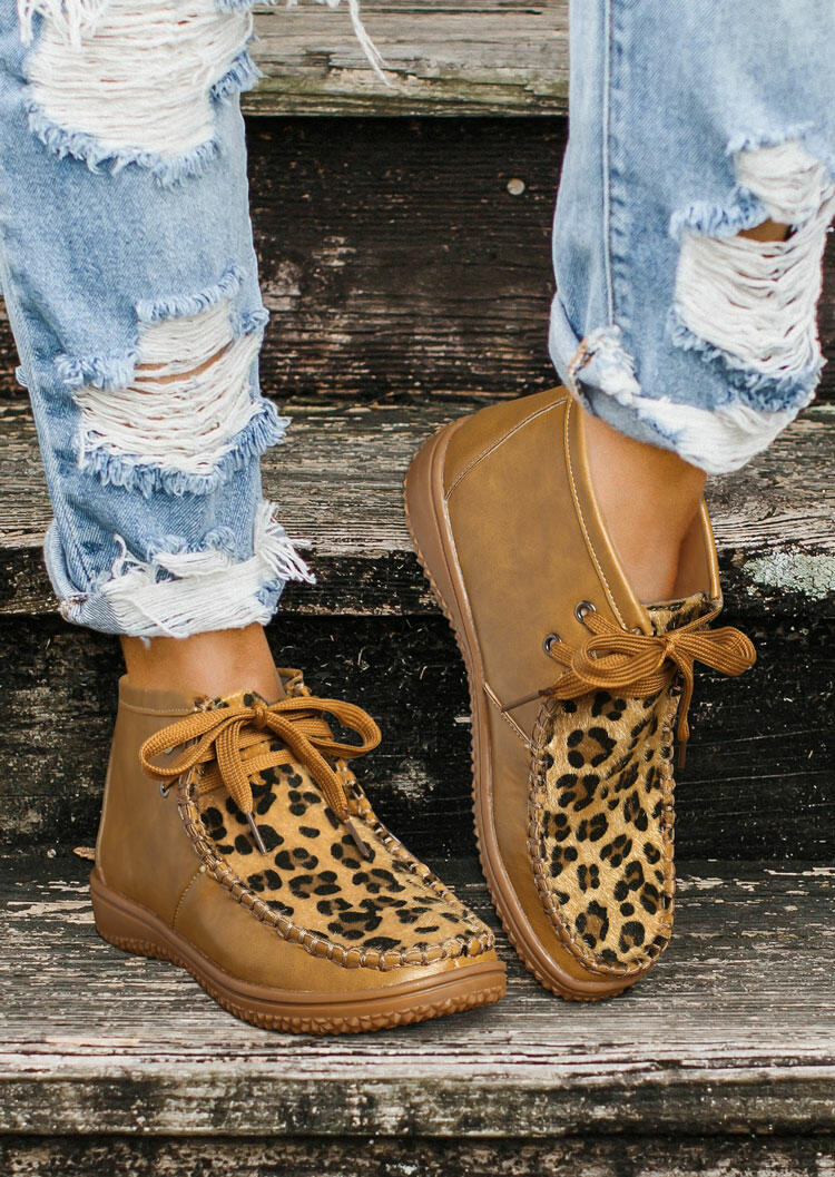 

Leopard Lace Up Round Toe Flat Boots - Khaki, 484608