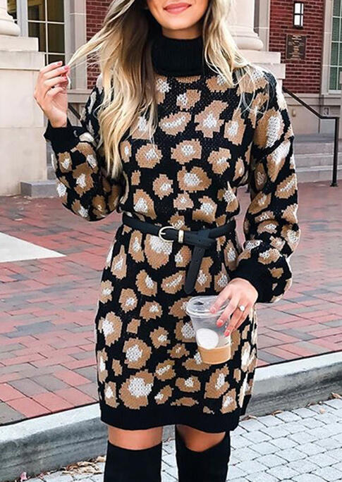 

Mini Dresses Leopard Turtleneck Long Sleeve Sweater Mini Dress without Belt in Black. Size: ,XL