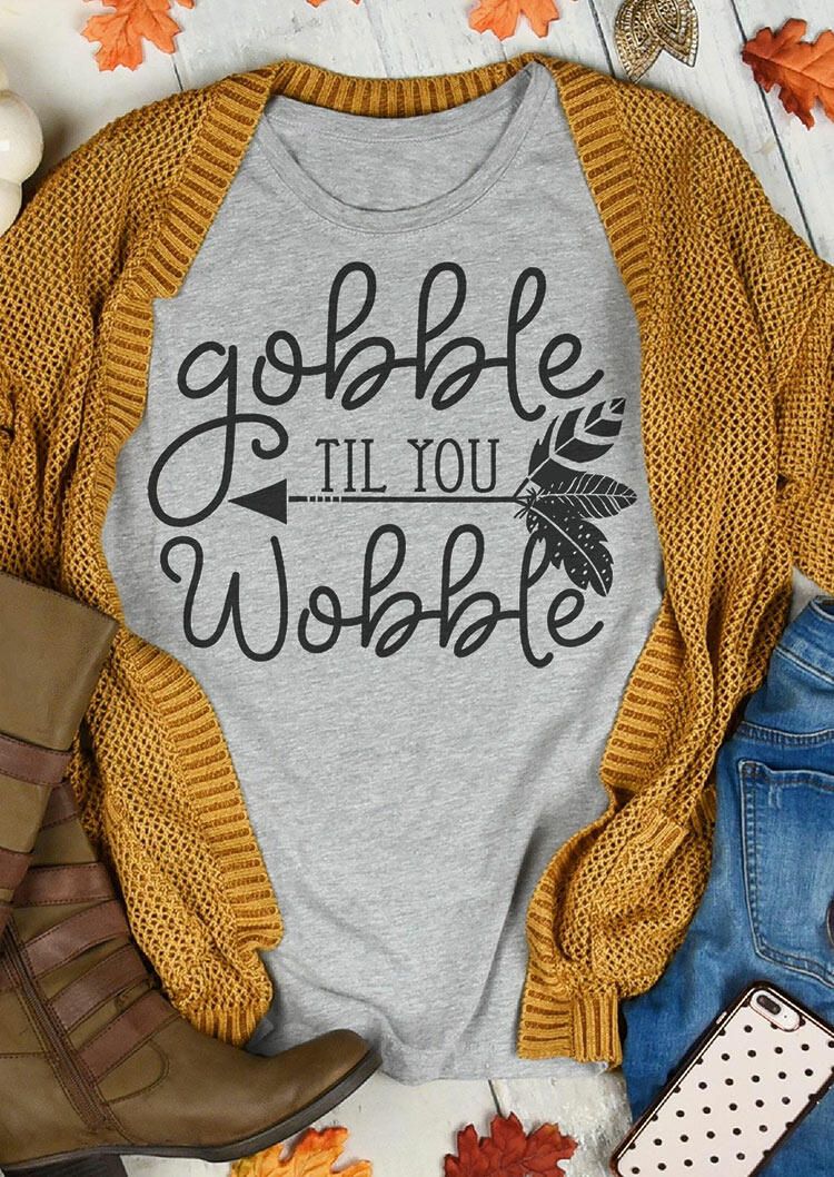 Thanksgiving Gobble Til You Wobble Feather Arrow T-Shirt Tee - Gray