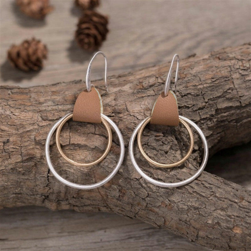 

Enchanting Double Circle Leather Earrings, Silver, 484860