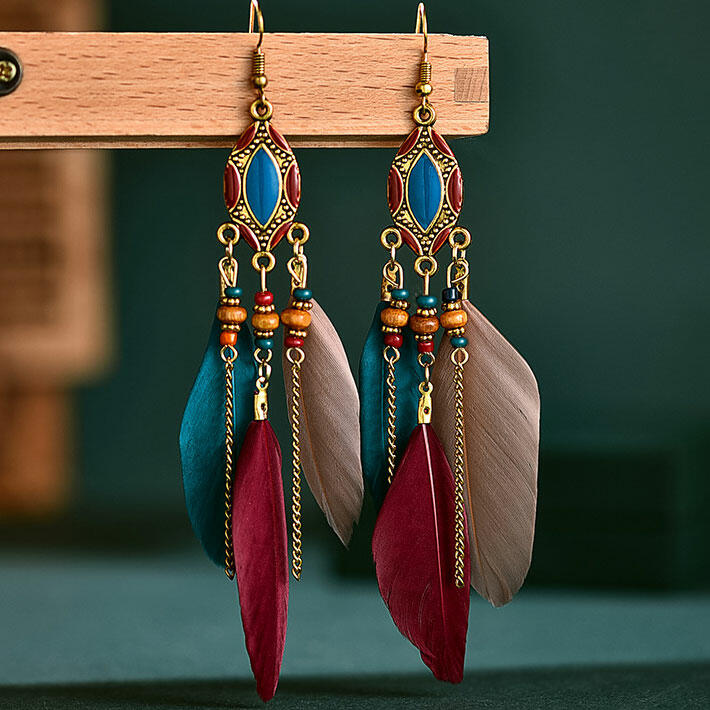 

Vintage Bohemian Beading Feather Tassel Earrings, Black;multicolor, 484867