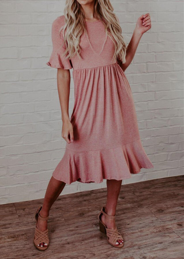 

Casual Dresses Ruffled Flare Sleeve O-Neck Casual Dress in Pink. Size: S,M,,XL