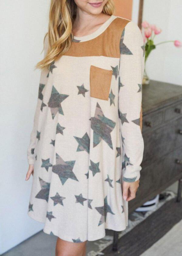 Mini Dresses Camouflage Star Pocket Elbow Patch Casual Mini Dress in Apricot. Size: L,M,S
