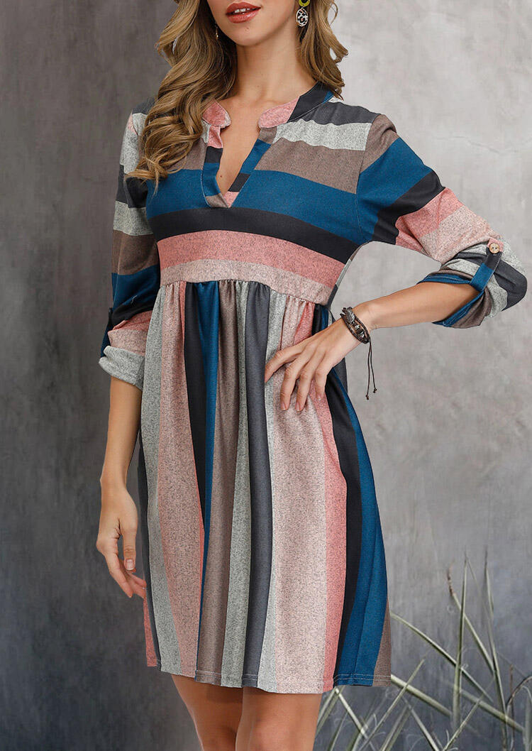

Mini Dresses Colorful Striped V-Neck Three Quarter Sleeve Mini Dress in Multicolor. Size