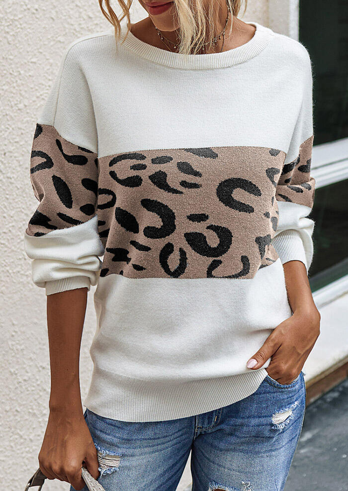Leopard Splicing Knitted Pullover Sweater - White