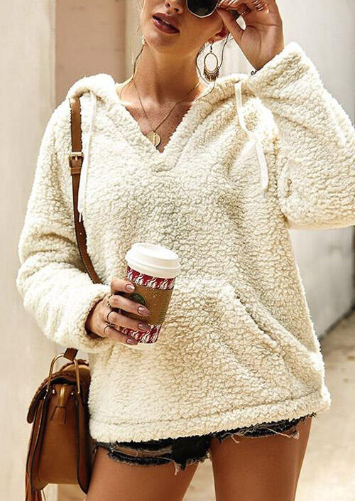 

Hoodies V-Neck Kangaroo Pocket Drawstring Fleece Hoodie in Beige. Size