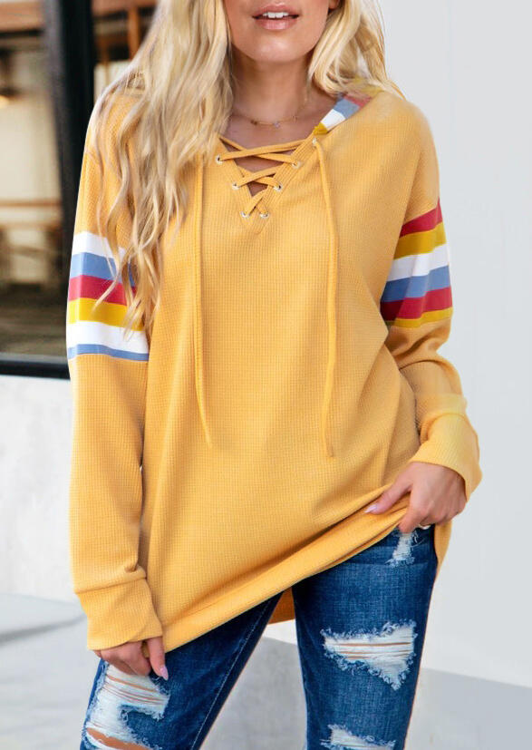 Colorful Striped Lace Up Pullover Hoodie - Yellow