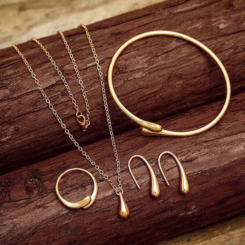 

4Pcs Creative Droplet Ring Necklace Earrings And Bracelet Set, Gold;silver, 484464